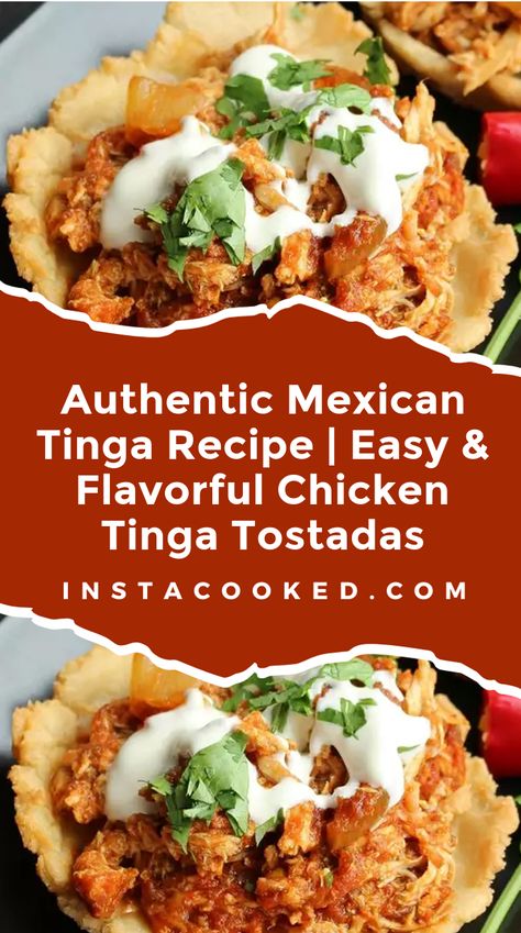 Discover the rich flavors of this authentic Mexican Tinga recipe. Tender shredded chicken simmered in a spicy tomato-chipotle sauce, served on crispy tostada shells. Perfect for feeding a crowd! Tinga Sauce Recipe, Authentic Chicken Tinga Recipe, Mexican Tinga, Chicken Tinga Tostadas, Tinga Tostadas, Tostada Shells, Tinga Recipe, Chicken Tinga Recipe, Chicken Tinga