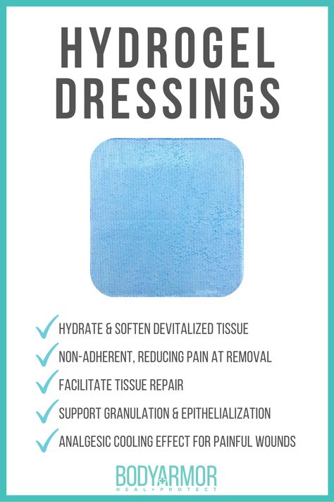 Hydrogel dressings contain 90% water in a gel base, designed to donate moisture to the wound bed. These dressings are ideal for wounds that are dry or have minimal drainage.  These non-adherent dressings are made up of flexible fibers that swell in response to the drainage level of the wound, adding or donating moisture as necessary to maintain an optimal healing environment. Ostomy Nursing, Nursing Documentation, Wound Care Nursing, Wound Care Dressings, Healing Environment, Ostomy Care, Nursing Assessment, Hospice Nurse, Nursing School Survival