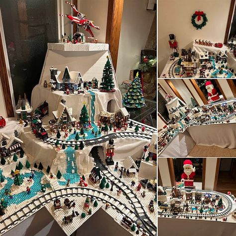 Lego Winter Village Display Ideas, Lego City Display Ideas, Lego Winter Village Moc, Lego Christmas Village Display Ideas, Lego Winter Village Display, Lego Setup, Winter Village Display, Lego Christmas Train, Lego City Display