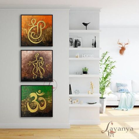 Indian Paintings On Canvas, Om Painting, Modern Indian Art, Abstract Techniques, Kerala Mural Painting, Indian Painting, Ganesha Painting, Krishna Radha Painting, Hall Design