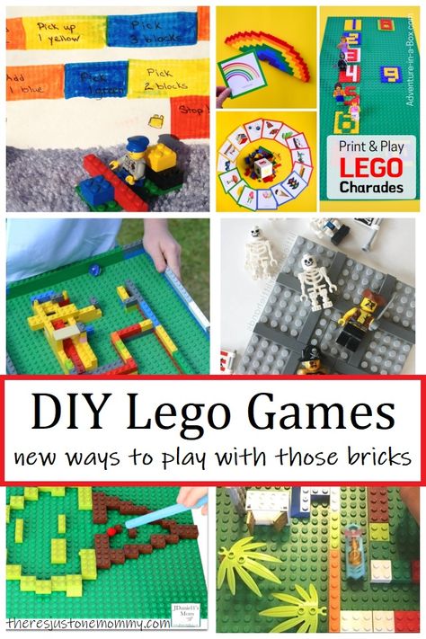 These DIY Lego games for kids are a fun way to use those bricks you already own. #Lego #gamesforkids #kidsgames #theresjustonemommy.com Games With Legos, Lego Ring Toss, Lego Board Games Diy, Diy Lego Board Game, Lego Themed Games, Lego Games For Kids Activities, Lego Club Ideas, Lego Games For Kids Party, Learning With Legos