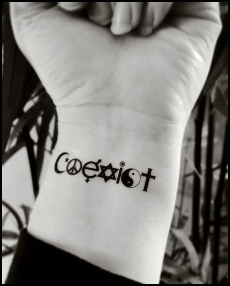 temporary tattoos coexist fake tattoo world by SharonHArtDesigns #symboltattoos World Peace Tattoo, Coexist Tattoo, Equality Tattoos, Small Inspirational Tattoos, Peace Tattoo, Peace Tattoos, Hippie Tattoo, Tattoo World, Wrist Tattoos For Guys