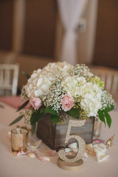 glitter table number with cute pink and white flower box centerpiece / http://www.himisspuff.com/wooden-box-wedding-decor-centerpieces/17/ Box Wedding Centerpieces, Flower Box Centerpiece, Glitter Table Numbers, Blue Centerpieces, Diy Wedding Table, Blue Wedding Flowers, Rustic Wedding Centerpieces, בר מצווה, Flower Centerpieces Wedding