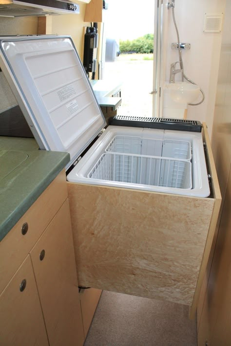 Camper Van Fridge, Van Fridge, Cargo Trailer Camper, Camper Kitchen, Car Living, Bus Living, Van Conversion Interior, Campervan Life, Build A Camper Van