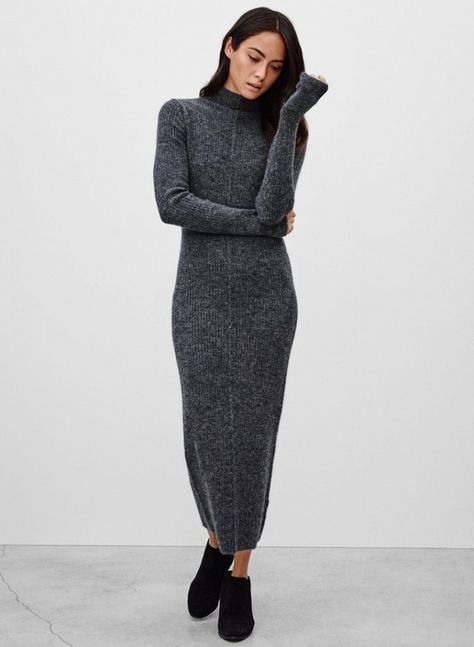 What Men Really Think of All Those Maxi Dresses You Love to Wear | WhoWhatWear Grey Dress Outfit, Knitted Dress Outfit, Grey Knit Dress, Skirts Outfits, Fall Maxi, Sweater Dress Outfit, Long Knitted Dress, Maxi Dresses Fall, Winter Dress Outfits