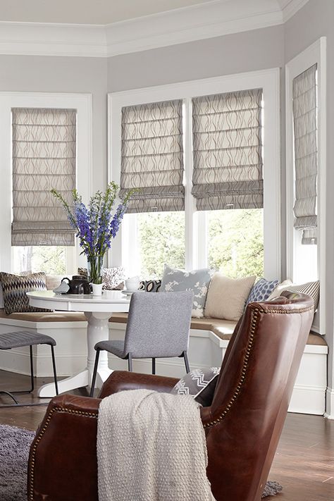 Bay windows are beautiful, but it can be tough to find blinds or window coverings ideas for them. Here's the Blinds.com guide to bay window blinds ideas. Bay Window Blinds, Kitchen Window Blinds, Bay Window Design, Kitchen Window Coverings, Bay Window Treatments, Bay Window Living Room, Kitchen Bay Window, Bay Window Curtains, Window Curtains Bedroom