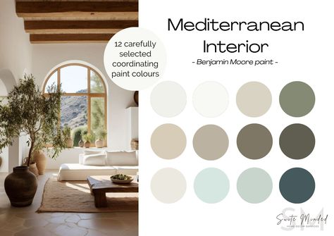 A Mediterranean interior exudes calm and serenity. It uses organic materials and textures and natural hues to create an atmosphere prone to relaxation, with subtle touches of brighter colours. Are you considering transforming your home into a Mediterranean haven but not sure what colours to consider? Discover 12 colours that work beautifully to create your dream home. This comprehensive, expertly put together, and budget-friendly paint palette will give your house the perfect modern farmhouse st Paint Colour Palettes House, Mediterranean House Color Palette, Mediterranean Colour Palette, Mediterranean Paint Colors, Airbnb Startup, Scandinavian Interior Color Palette, Benjamin Moore Neutral Paint Colors, Mediterranean Modern Interior, Mediterranean Color Scheme