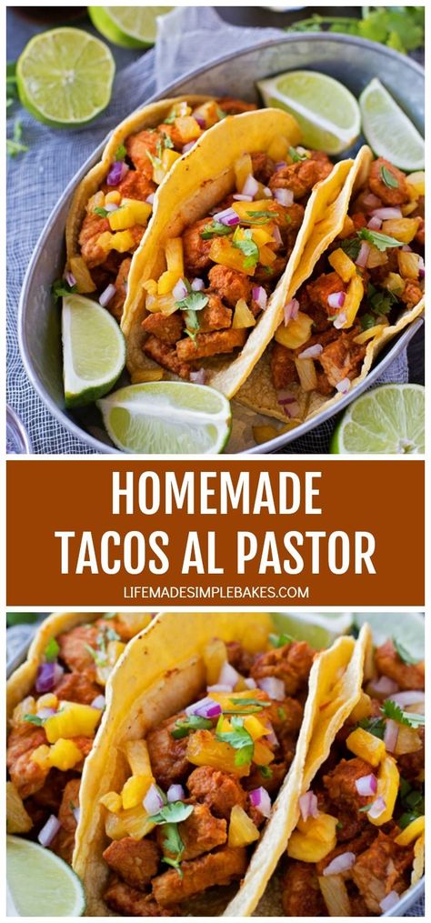 If you love sweet and spicy pork, you are going to love with these homemade tacos al pastor! They're easy to make and are packed with flavor! #homemadetacos #tacosalpastor #sweetandspicypork #easytacos #homemadetacosalpastor Easy Tacos Al Pastor, El Pastor Tacos Recipe, Spicy Pork Recipes, Simple Tacos, Sweet And Spicy Pork, Tacos Al Pastor Recipe, Grilled Hamburgers, Al Pastor Tacos, Complete Meals