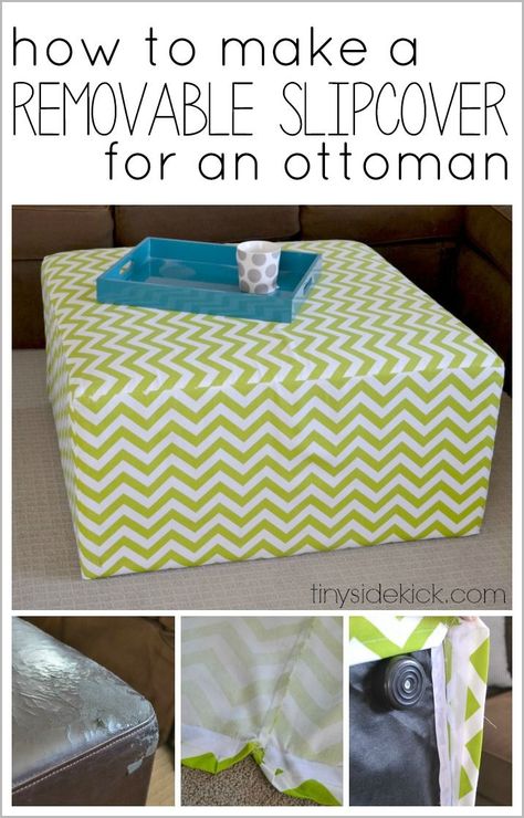 DIY Slip Covered Ottoman- This ottoman is perfect for a kid's space because the slipcover can be easily removed and washed! How-to at TinySidekick.com Diy Ottoman, Ottoman Slipcover, Ottoman Cover, 15 Diy, Décor Diy, Easy Diy Projects, Reupholster, Easy Steps, Furniture Makeover