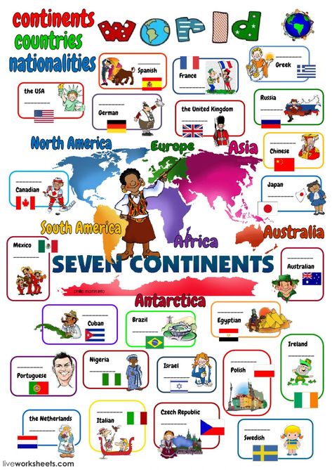 Countries and nationalities interactive and downloadable worksheet. You can do the exercises online or download the worksheet as pdf. Continents And Countries, Seven Continents, Esl Vocabulary, English Classroom, English Activities, English As A Second Language (esl), English As A Second Language, We Are The World, Esl Worksheets