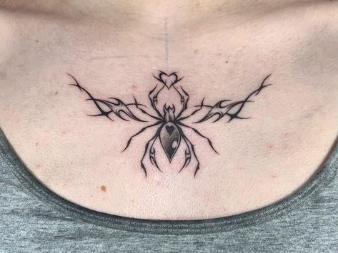 Spider Lower Back Tattoo, Girly Spider Tattoo, Fine Line Chest Tattoo Female, Spider Chest Tattoo Female, Chest Spider Tattoo, Spider Spine Tattoo, Spider Tattoo Chest, Simple Chest Tattoos Female, Spider Chest Tattoo