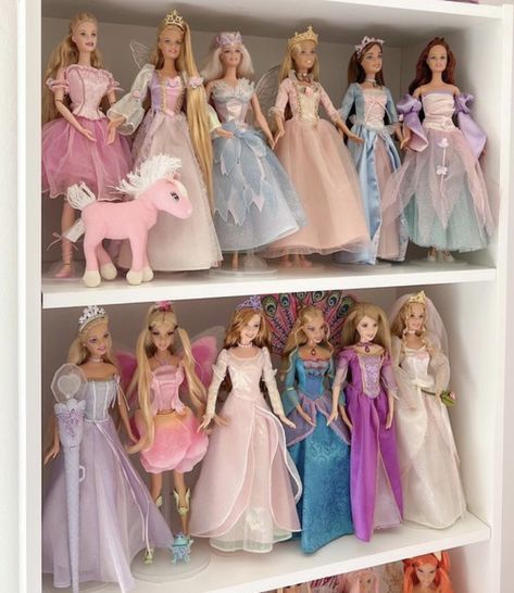 Doll Collector Aesthetic, Barbie Movies Dolls, Doll Collector Room, Barbie Shelf, Barbie Movie Dolls, Barbie Movies Aesthetic, Disney Princess Barbies, Old Barbie Dolls, Barbie Website