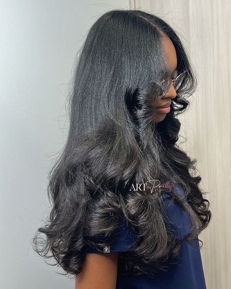 Relaxed Hair With Extensions, Sew In Yaki Straight, 16 Inch Clip In Extensions, Skill Press Hair, Silk Press With Volume, Yaki Straight Hairstyles, Silk Press Natural Hair Long Curls, Silk Press Extensions, Yaki Clip In Hair Extensions