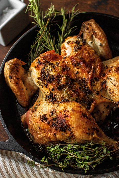 Herb-Roasted Spatchcock Chicken | So Much Food Food Date Night, Weeknight Meal Ideas, Food Date, Cornish Hen, Gourmet Food Plating, Spatchcock Chicken, So Much Food, American Foods, Vegan Chicken