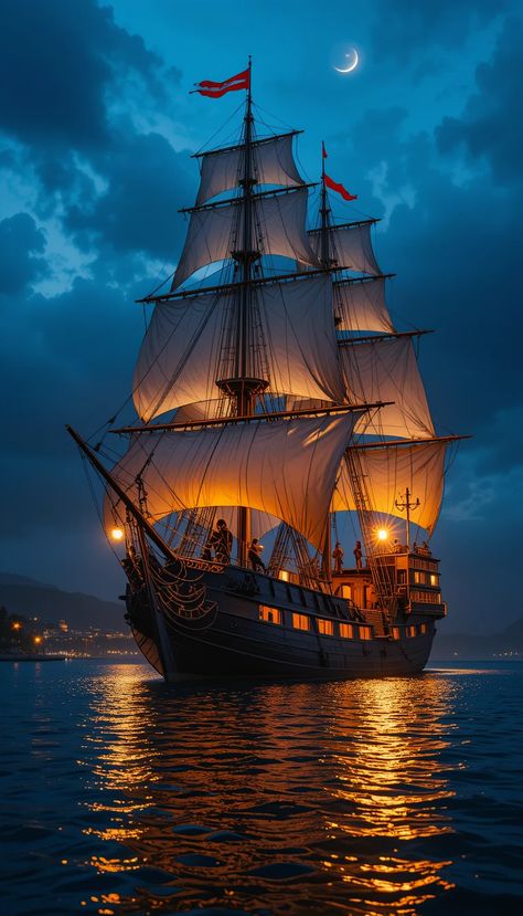 Pirate Ship in Night Warm Light and Sea Monster Pirate Ship Wallpaper, Ship Wallpaper, Pirate Books, Pirate Adventure, Sea Monster, Pirate Costume, Sea Monsters, Tall Ships, Pirate Ship