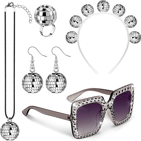 Amazon.com: 5 Pcs 1970s Disco Accessories Women Costume Disco Set Disco Ball Earrings Headband Ring and Sunglasses and Other Accessories (Stylish Style) : Tools & Home Improvement Disco Accessories, 70s Disco Outfit, Disco Ball Earrings, Denim Party, Disco Costume, 1970s Disco, Disco Style, Women Costume, 70s Disco