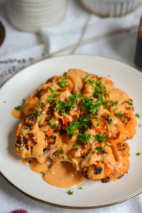 Vegan Harissa Butter Roasted Cauliflower Steaks - Earthly Provisions Roasted Cauliflower Sauce, Harissa Cauliflower Steaks, Cauliflower Steak Recipes, Harissa Cauliflower, Exotic Food Recipes, Vegetable Entrees, Cauliflower Steaks Recipes, Cauliflower Vegan, Cauliflower Steak