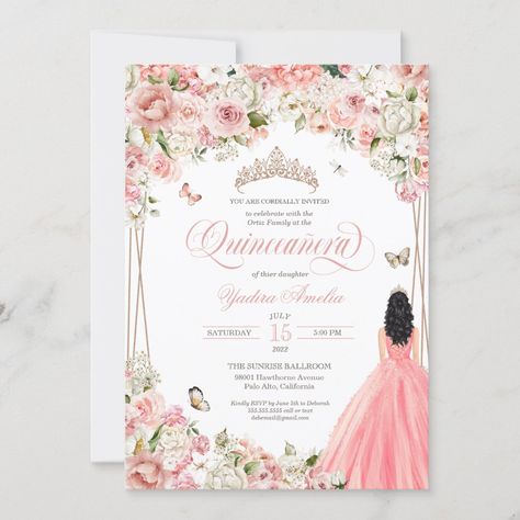 Quinceanera Blush Pink White Floral & Butterfly Invitation Quinceanera Pink, Pink Quince, Quince Invitations, Butterfly Invitations, Sweet Sixteen Invitations, White Watercolor, Quinceanera Invitations, Pink And White Flowers, Floral Butterfly