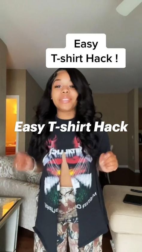 Easy T-shirt Hack | Pinterest Home Dinner Outfit Casual, Diy Big Shirt Ideas, Baddie Tshirt Outfits, Outfits With Black Shirts Women, Ways To Tie Up A Big Shirt, Couple Birthday Outfit Ideas, How To Make A Big T Shirt Look Cute, Different Ways To Style A Tshirt, T Shirt Outfit Black Woman