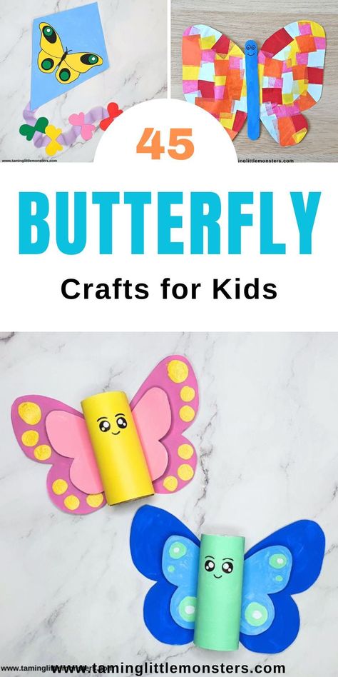 45 Fun and Easy Butterfly Crafts for Kids.    Different butterfly themed arts and crafts. Perfect for a Spring theme or if you're learning about the butterfly life cycle.    #spring #artsandcrafts #preschool #kindergarten Easy Butterfly Craft, Butterfly Art Project, Sequencing Activities Preschool, Butterfly Crafts For Kids, Butterfly Crafts Preschool, Butterfly Art And Craft, Kites Craft, Toilet Paper Roll Art, Easy Butterfly