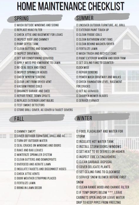 Seasonal House Homeowner Checklist - Etsy Homeowner Checklist, House Checklist, New Home Checklist, Chimney Cleaning, Apartment Checklist, Home Maintenance Checklist, Clean Fridge, Lawn Fertilizer, Maintenance Checklist