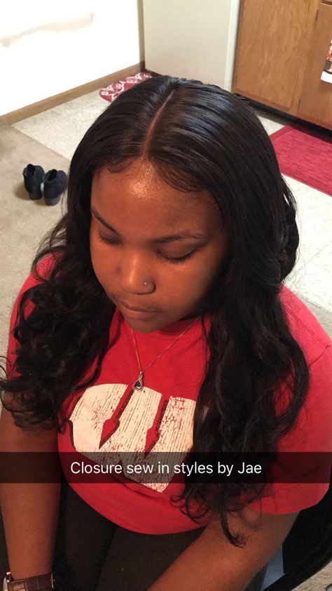 Full sew-in with closure on natural hair Sew In Hairstyles Kids, See In With Closure, Sewin With Closure, Sew Ins With Closure, Sew In Ideas, Closure Sew In, Sew In Weave With Closure, Sew In With Closure, Black Hair 90s