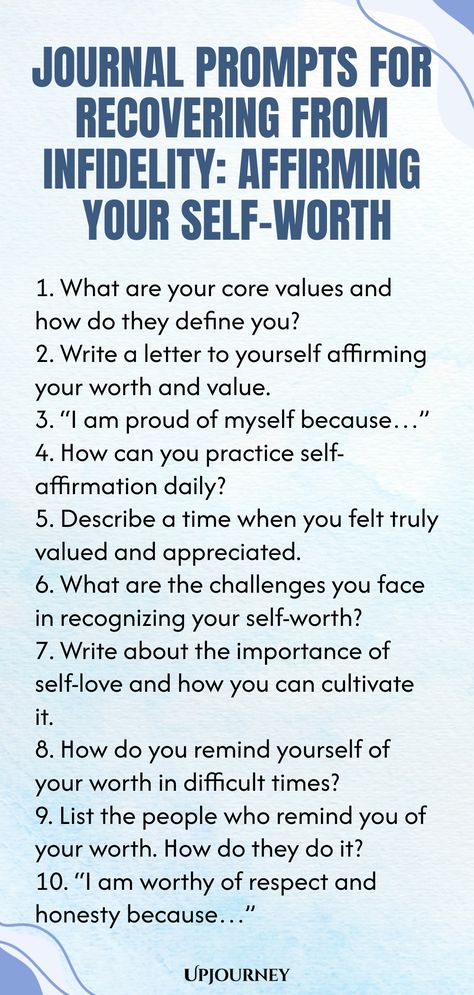 Explore powerful journal prompts designed to help you navigate the journey of recovering from infidelity and rebuilding your self-worth. These prompts will guide you through introspection, healing, and affirming your inner strength. Take the first step towards healing by acknowledging your worth and embracing a new chapter filled with self-love and empowerment. Let these prompts be your companion in this sacred journey of healing and growth. Self Worth Prompts, Therapist Tips, Work Etiquette, Psychology Terms, Couples Journal, Relationship Quizzes, Mental Health Activities, Journal Questions, Happiness Journal