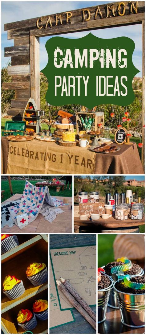 How cool is this outdoor camping party with a s'mores bar and hot chocolate! See more party ideas at CatchMyParty.com! Camping Party Ideas, Camping Party Decorations, Outdoor Camping Party, Campfire Party, Camping Theme Birthday, Glamping Party, Camping Snacks, Camping Theme Party, Camping Birthday Party