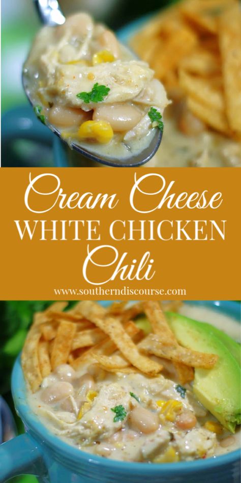 Out of This World Cream Cheese Chicken Chili - southern discourse Cream Cheese White Chicken Chili, White Chicken Chilli, White Chicken Chili Recipe Crockpot, Creamy Chicken Chili, Cream Cheese Chicken Chili, White Chicken Chili Slow Cooker, Chicken Chili Crockpot, White Bean Chicken Chili, Slow Cooker Chicken Chili