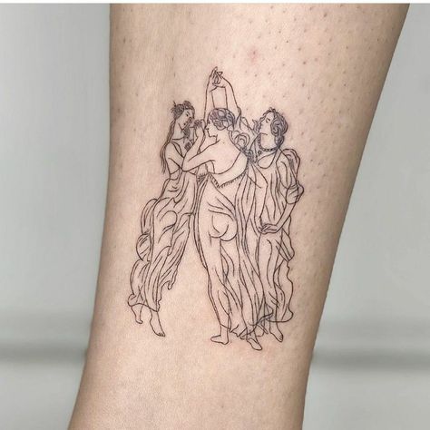 Three Graces Tattoo Botticelli, Tattoos For History Lovers, 3 Graces Tattoo, Fine Line Detailed Tattoos, Fine Line Desert Tattoo, The Three Graces Tattoo, Impressionist Tattoo, The Muses Tattoo, Communication Tattoo