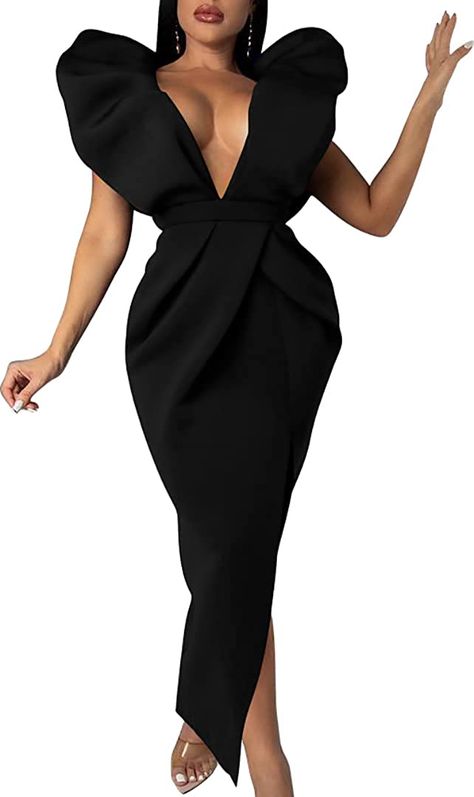 The dress is very flattering. Deep V-neck, high waist, ruched, side split, midi length, solid color, backless, back zipper closure, unique shoulder sleeve design, showing your sexy and elegant charm. Showstopper Dress, Black Dress Elegant, Formal Dress Black, Backless Gown, Long Formal Dress, Elegant Prom Dresses, Cocktail Gowns, Backless Wedding Dress, Gowns With Sleeves