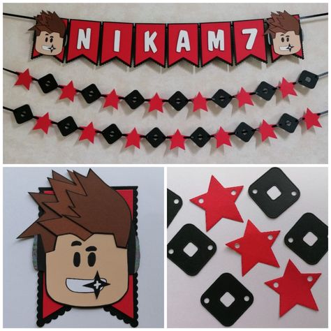 Roblox birthday party banner Roblox Party Ideas Decoration, Roblox Diy Party, Roblox Birthday Banner, Roblox Birthday Party, Roblox Party, Robot Birthday Party, Roblox Birthday, Birthday Party Decorations Diy, Birthday Table