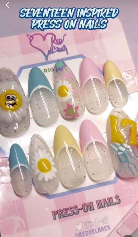 Carat Nail Art, Seventeen Nails Designs, Seventeen Nail Art Kpop, Seventeen Inspired Nails, Svt Nails, Seventeen Nails, Seventeen Heaven, Svt Concert, Kpop Nails