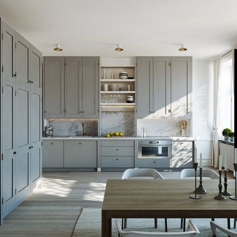 mix of slab front and shaker cabinet fronts.  Nice! Swedish Kitchen, Серая Кухня, Cheap Kitchen Cabinets, Wood Kitchen Cabinets, Classic Kitchens, Grey Cabinets, Grey Kitchens, Design Del Prodotto, Grey Kitchen