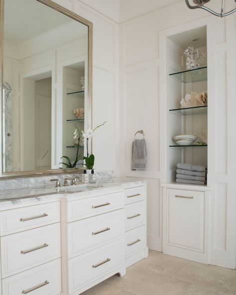 Stress free zone #llrstyle #myhousebeautiful #luxuryhome #freshdesign #timelessdesign #tastefuldesign #interiordesign #interiorinspo… | Instagram Vanity With Linen Cabinet, Master Bath Renovation, Dallas Interior Design, Spa Shower, Linen Cabinet, Bathroom Spa, Fresh Design, White Bathroom, Interior Inspo