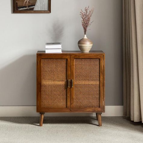 Breezy Aesthetic, Edge Pulls, Rattan Doors, Space Organization, Door Accent Cabinet, Cabinet Wood, Door Accent, Wood Storage Cabinets, Accent Storage