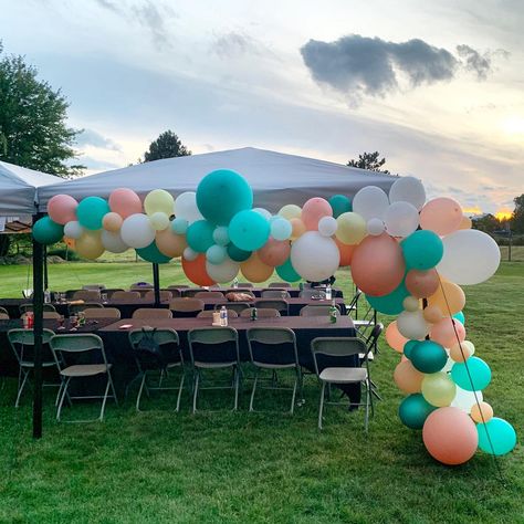 Adding some balloon glam to a plain party tent. Who needs one of these balloon garlands at their next party? Blush Balloon Garland, Summer Backyard Parties, Fishing Themed Birthday Party, Garland Balloon, Bambi Baby, Blush Balloons, Backyard Tent, How To Make Garland, Party Starters