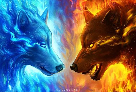 Fire and Ice by JoJoesArt on DeviantArt Ice Wolf Wallpaper, Fire And Ice Wallpaper, All Animals Photos, Ice Wolf, Fire Wolf, Galaxy Wolf, Spidersona Ideas, Wolf Background, Wolf Images