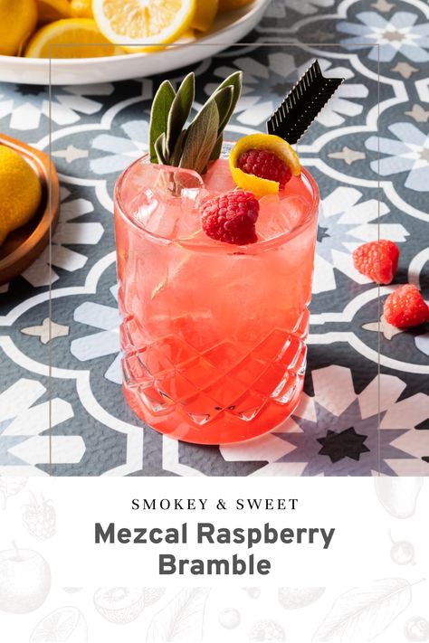 Smoky and sweet, the Mezcal Raspberry Bramble might just be the fan favorite at your next taco night. #ReàlInfusedExotics Raspberry Bramble, Garnishes For Cocktails, Infused Waters, 2023 Recipes, Mezcal Cocktails, Sour Mix, Liquid Diet, Taco Night, Lemon Wedge