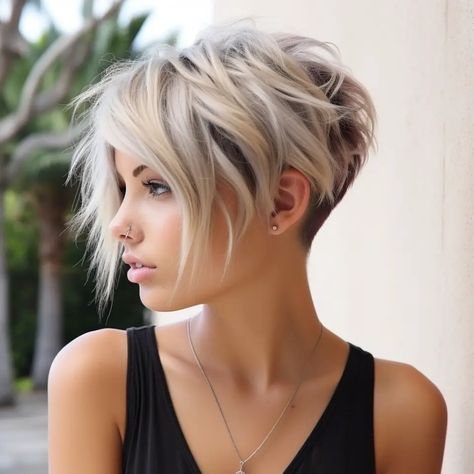 Sassy Short Haircuts For Fine Hair, Short Piecy Hair Cuts, Shaved Short Hairstyle Women, Pixie 2024 Trends, Undercut Bob Haircut Short, Undercut Long Pixie, Pixie Haircut 2024, Longer Pixie Haircut Fine, Asymmetrical Bob Short Edgy