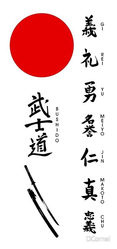 Bushido Kanji y las 7 virtudes de Bushido • Buy this artwork on apparel, stickers, phone cases y more. 7 Virtues Of Bushido, Virtues Of Bushido, Bushido Tattoo, The 7 Virtues, Papan Tulis Kapur, 7 Virtues, Bushido Code, Guerriero Samurai, Japanese Sun