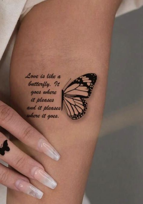 Strength Butterfly Tattoo, Butterfly With Bible Verse Tattoo, In Loving Memory Butterfly Tattoos, Butterfly And Words Tattoo, The Butterfly Effect Tattoo, Butterfly Strength Tattoo, Butterfly Tattoo With Writing, Butterfly Tattoo With Quote, Shirt Haircuts