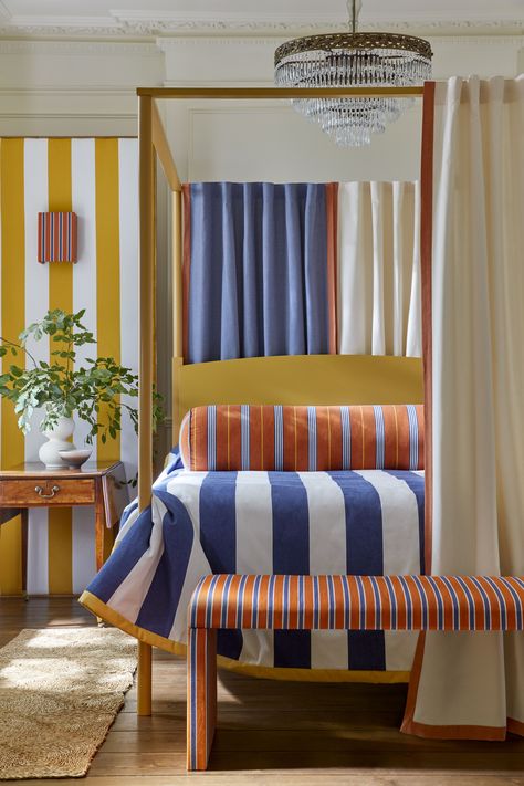 Bedroom featuring joyful yet vibrant coloured fabrics and accessories Furnishing Fabrics, Colour Block Curtains, Colourful Curtain Fabric, Kingfisher Curtains, Sanderson Fabrics Curtains, Dunelm Kingfisher Curtains, Cosy Bedroom, Relaxing Bedroom, Bright Patterns