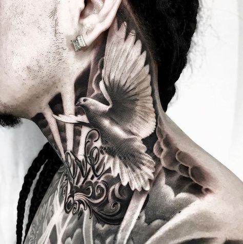 Love and a Dove Tattoo Kneck Tattoos, Dove Neck Tattoo, Back Of Neck Tattoo Men, Shen Long Tattoo, Sky Tattoo, Full Neck Tattoos, Sky Tattoos, Best Neck Tattoos, Side Neck Tattoo