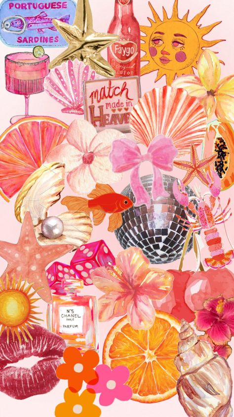 #pink #pinkaesthetic #beach #flowers #shells #orange #vibes #wallpaper Watercolor Collage, Cute Summer Wallpapers, Beach Flowers, Vibes Wallpaper, Collage Wallpaper, Whatsapp Wallpaper, Iphone Wallpaper Pattern, Iphone Wallpaper Photos, Iphone Wallpaper Themes