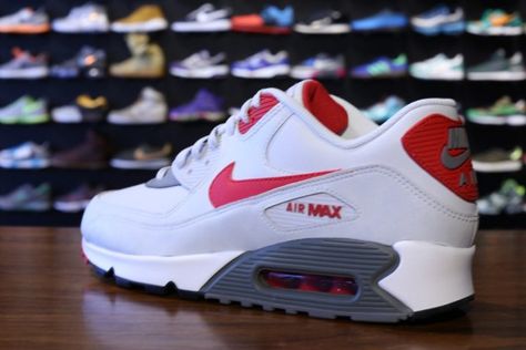 Nike Air Max 90 Essential- White, Lite Base Grey, and University Red Nike Air Max 90s, Custom Nike Shoes, All Nike Shoes, Shoes Sneakers Jordans, Nike Air Shoes, Nike Shoes Air Max, Cute Nike Shoes, Fresh Shoes, Nike Basketball Shoes