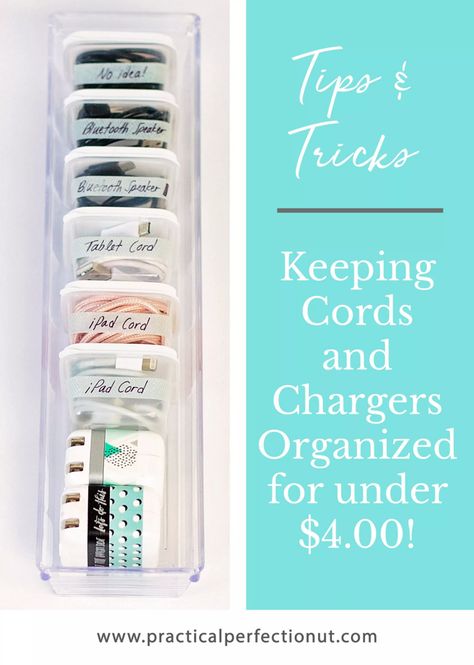 Organizing Cords - Practical Perfection Organize Charging Cords, Organizing Hacks Dollar Stores, Organizing Cords, Junk Drawer Organizing, Organization Hacks Diy, Charger Organizer, Free Printables Organization, Ways To Organize, Cord Storage