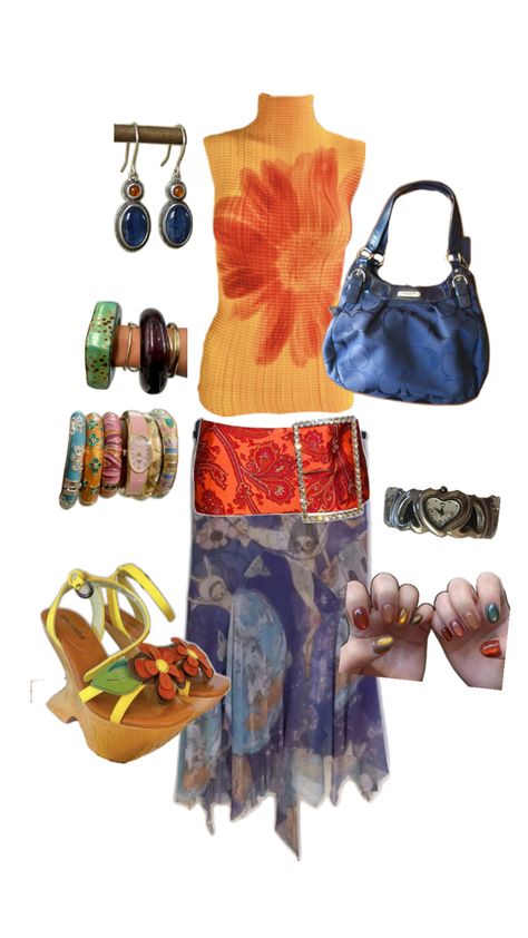 Whimsical Maximalist Outfit, Blue Long Skirt Outfit, Maximalist Summer Outfits, Maximalist Clothes, Earthy Coquette, Spicy Outfits, Blue Long Skirt, Maximalist Outfit, Maximalist Outfits