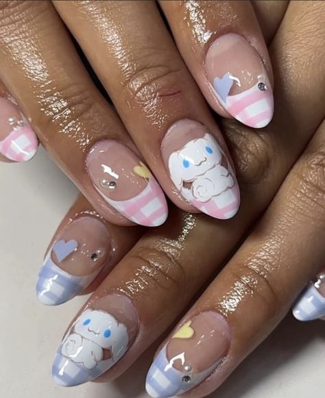 Cinnamonroll Sanrio Nail Art, Sanrio Nails Short, Short Kawaii Nails, Cinnamoroll Nail Art, Cinnamon Roll Nails, Cinnamoroll Nails, Sanrio Nail Art, Hello Kitty Nail Art, Sailor Moon Nails