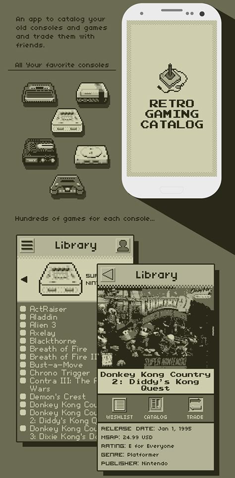Retro Gaming Catalog App on Behance - WANT! Graphic Design Video Games, Pixel Art Web Design, Pixel Art Ui Design, Game Layout Design, Retro Ui Design, Code Graphic Design, Coding Portfolio, Gaming Portfolio, Game Design Portfolio